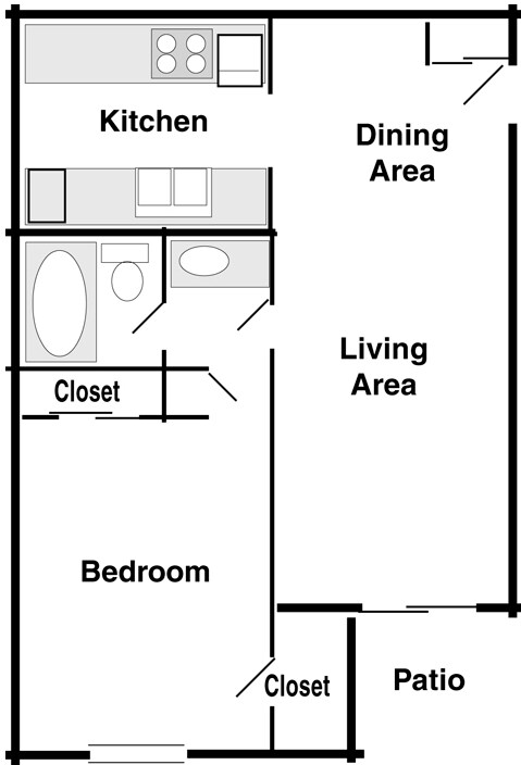 1 bedroom, 1 bath 212-1 floor plan